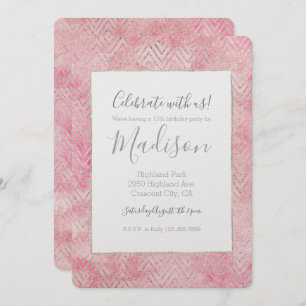 Blush Pink Silver Glitz Chevron Birthday Invitation
