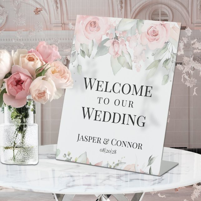 Blush Pink Silver Greenery Welcome To Our Wedding Pedestal Sign (Creator Uploaded)