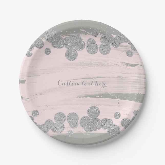 Blush Pink Silver & Grey Sparkle Dots Glam Party Paper Plate (Front)