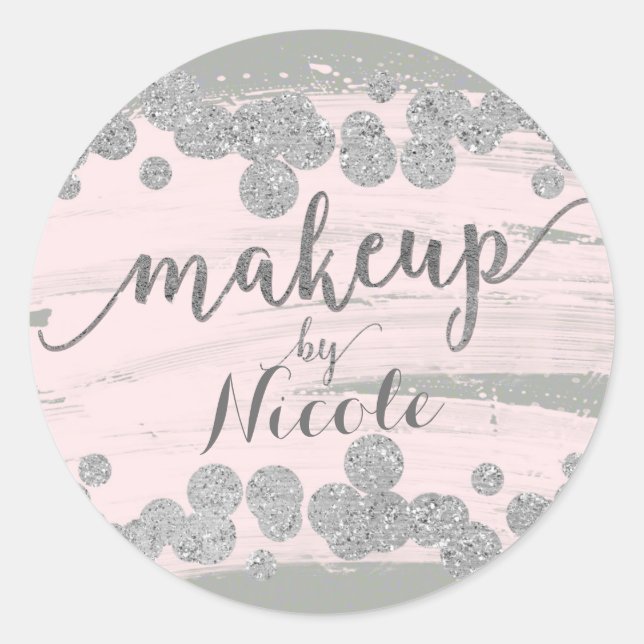 Blush Pink Silver & Grey Sparkle Dots Makeup by Classic Round Sticker (Front)
