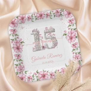 Blush Pink Silver Mis Quince Quinceañera  Paper Plate