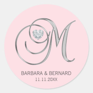 Blush Pink Silver Monogrammed Letter M Wedding Classic Round Sticker
