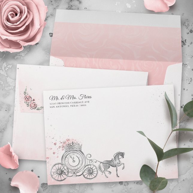 Blush Pink Silver Princess Carriage Return Address Envelope (Personalize your own elegant fairytale princess light blush pink return address envelopes.)