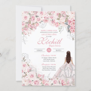 Blush Pink Silver Rose Blossom Elegant Quinceanera Invitation