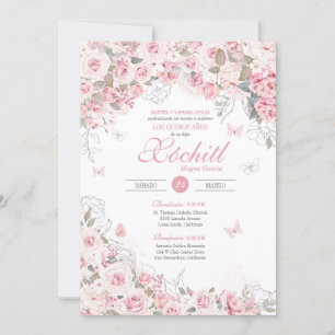 Blush Pink Silver Rose Butterfly Flora Quinceanera Invitation