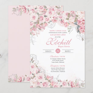 Blush Pink Silver Rose Garden Blossom Quinceanera Invitation