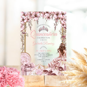 Blush Pink Silver Tiara Floral  Quinceañera Acrylic Invitations