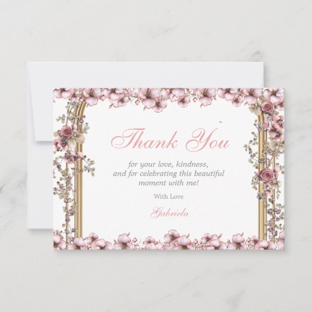 Blush Pink Silver Tiara Floral Quinceañera Thank You Card (Front)
