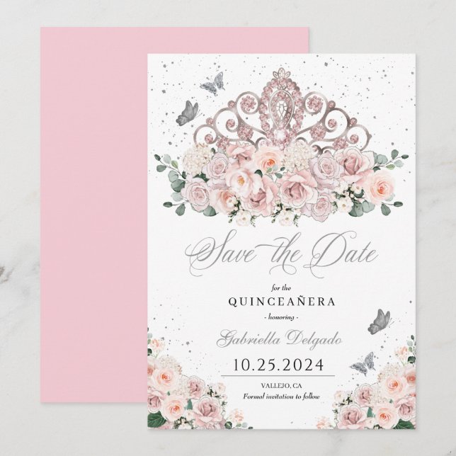 Blush Pink Silver Tiara Save The Date Quinceañera Invitation (Front/Back)