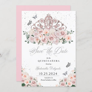 Blush Pink Silver Tiara Save The Date Quinceañera Invitation