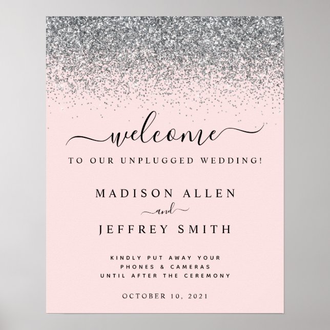 Blush Pink & Silver Unplugged Wedding Welcome Poster (Front)