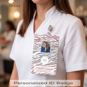 Blush Pink & Silver Zebra Glitter Print Photo ID Badge