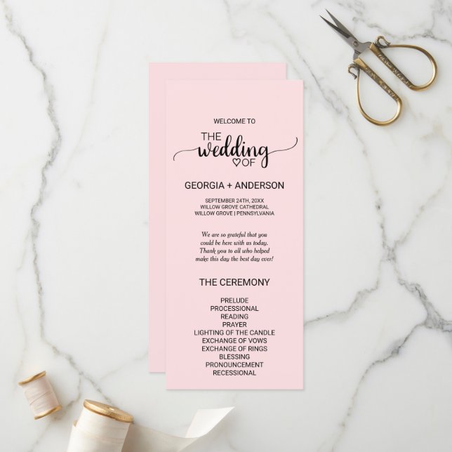 Blush Pink Simple Calligraphy Wedding Program Programme (Front/Back In Situ)