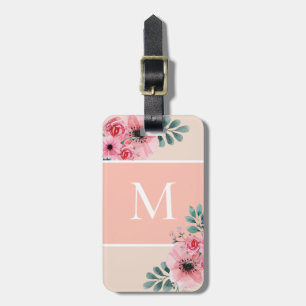 Blush Pink   Simple Colour Block Monogram Floral Luggage Tag