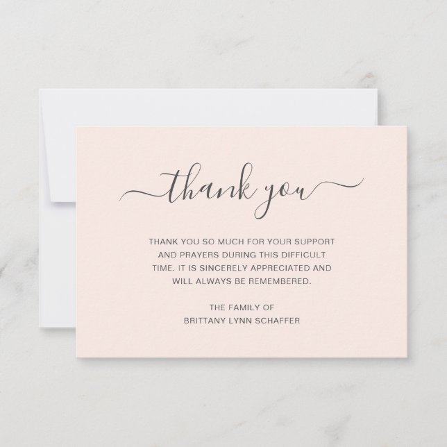 Blush Pink Simple Elegant Funeral Sympathy Thank You Card (Front)