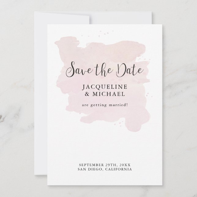 Blush Pink Simple Elegant Modern Script Watercolor Save The Date (Front)