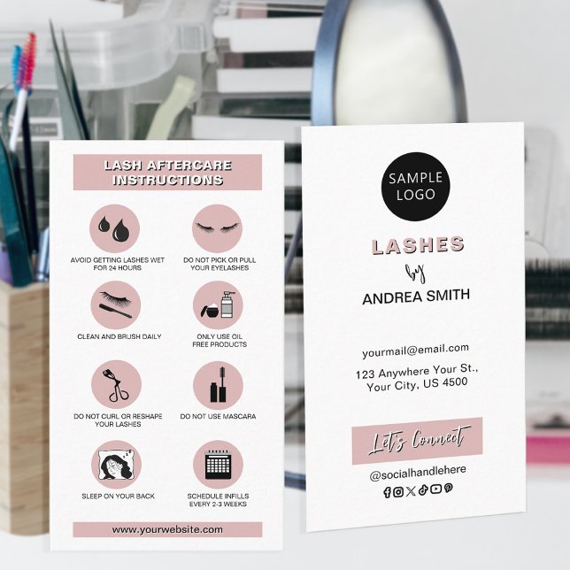 Blush Pink Simple Lash Aftercare Guide Logo Custom Business Card (Creator Uploaded)