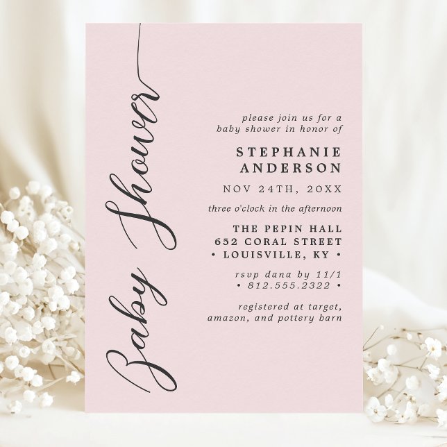 Blush Pink Simple Modern Script Baby Shower Invitation (Creator Uploaded)