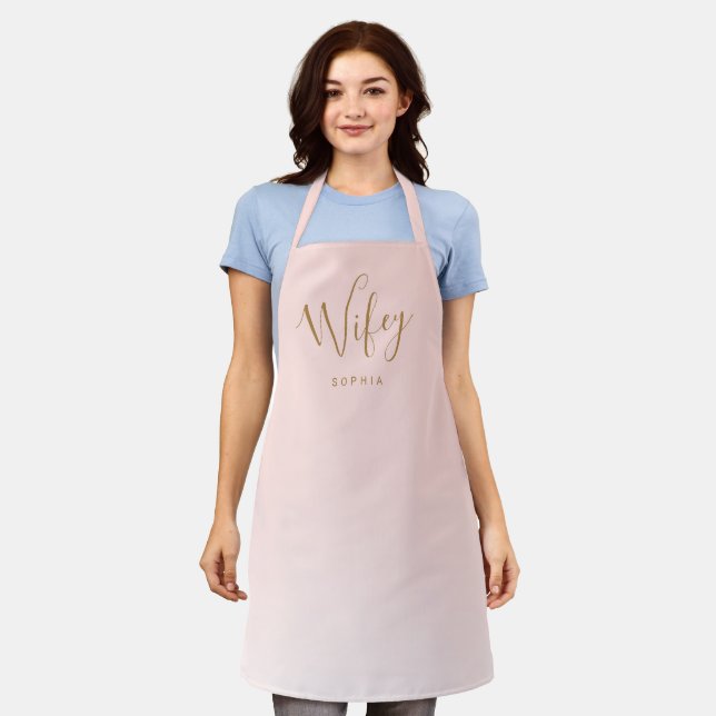 Blush pink simple personalised wifey apron (Worn)