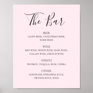 Blush pink simple script wedding drinks bar menu poster