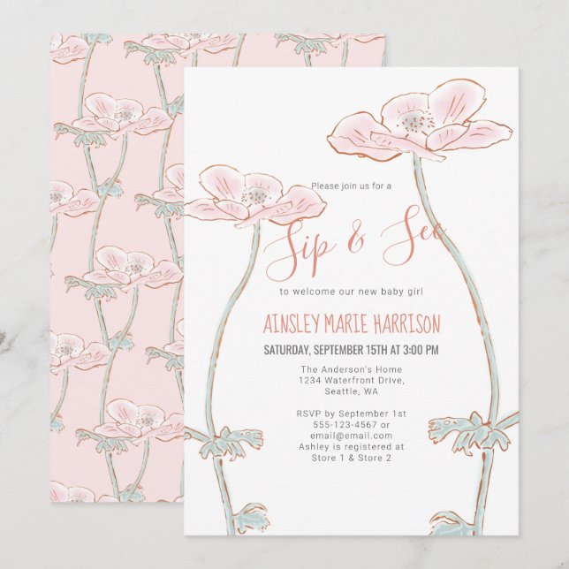 Blush Pink Sip & See Floral Baby Girl Baby Shower Invitation (Front/Back)