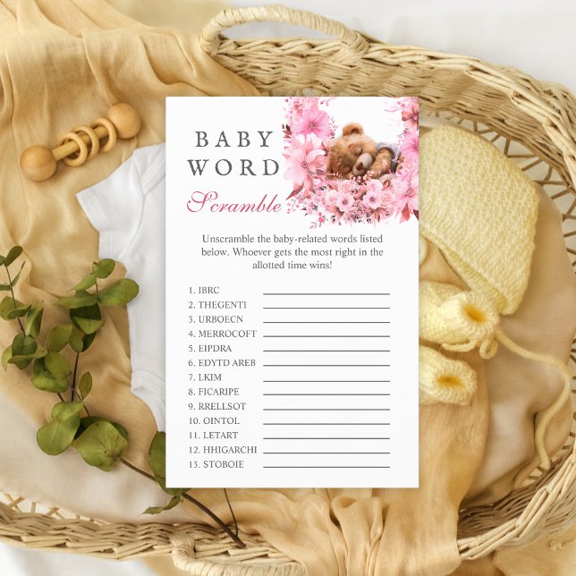 Blush Pink Sleeping Bear Baby Word Scramble Game Flyer (Creator Uploaded)