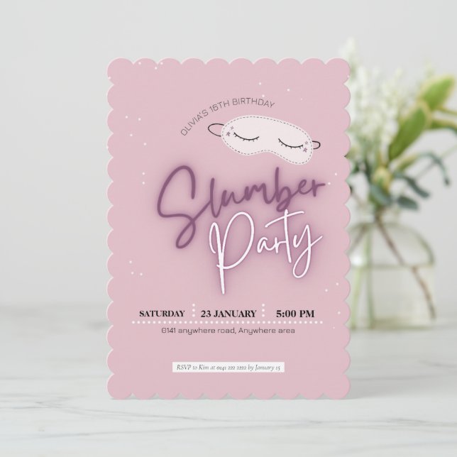 Blush pink, sleepover, slumber birthday  invitation (Standing Front)