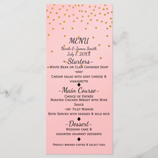 Blush Pink Small Gold Confetti Elegant Menu Card (Front)