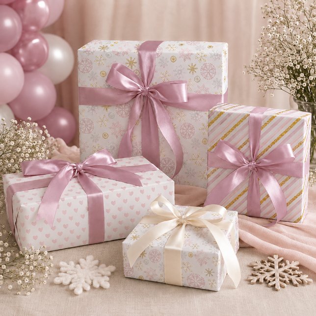 Blush Pink Snowflake Gift Wrap Set | Winter  (gift wrap)