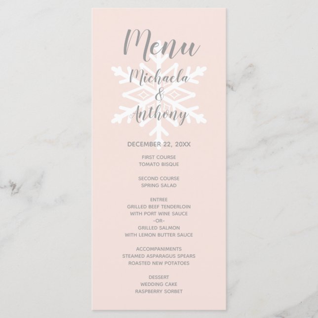 Blush Pink Snowflake Winter Wedding Menu (Front)