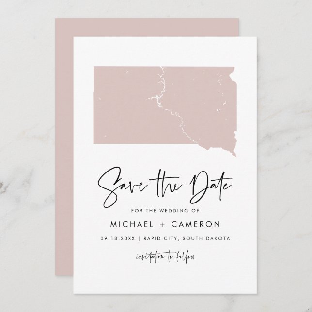 Blush Pink South Dakota Map Handwritten Script Save The Date (Front/Back)