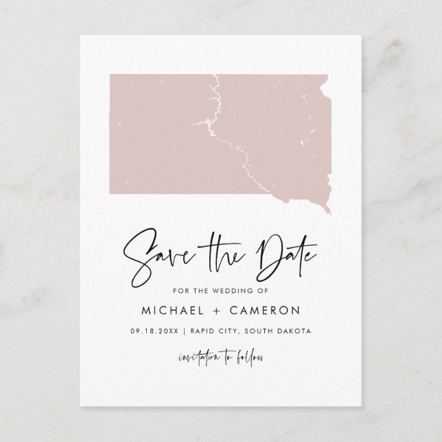 Blush Pink South Dakota Map Script Save the Date Announcement Postcard (Front)