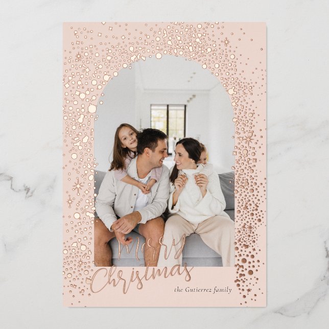 Blush Pink Sparkle Arch Photo Foil Holiday Card (Front)