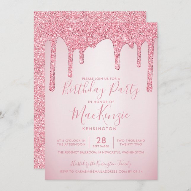 Blush Pink Sparkle Glitter Drips Any Year Birthday Invitation (Front/Back)