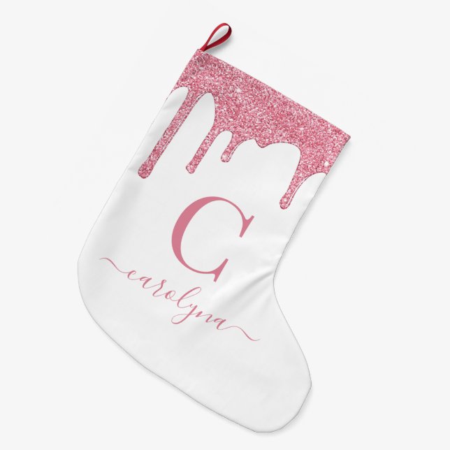 Blush Pink Sparkle Glitter Drips Monogram Large Christmas Stocking (Front (Hanging))