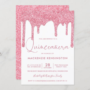 Blush Pink Sparkle Glitter Drips Quinceañera Invitation