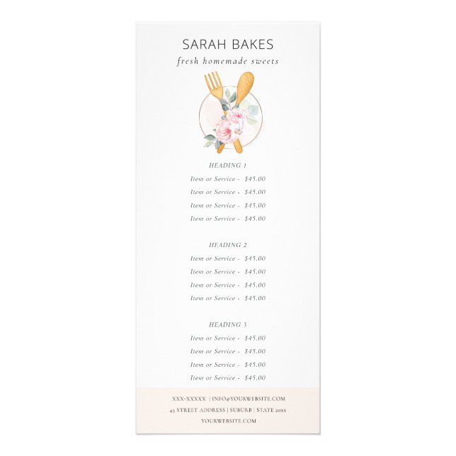 Blush Pink Spoon Fork Floral Bakery Service Price Rack Card (Front)