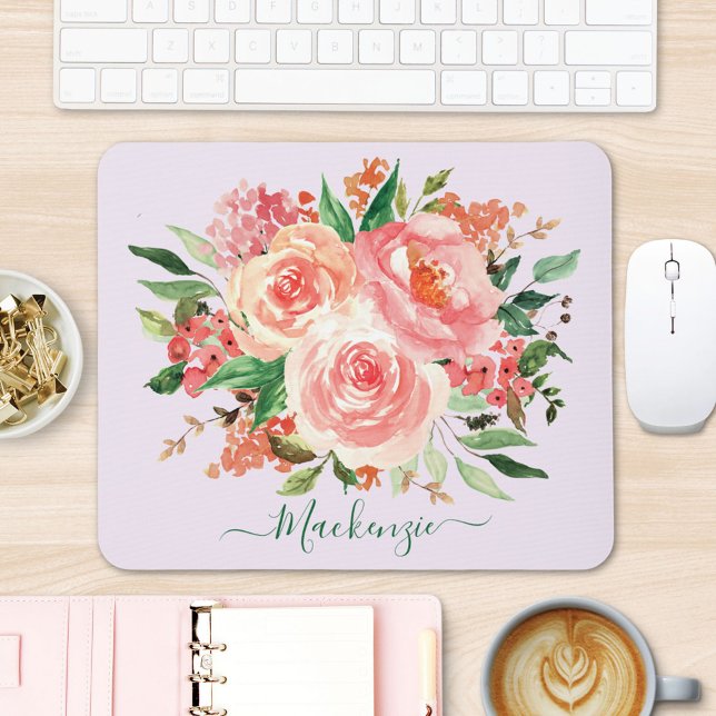 Blush Pink Spring Floral Bouquet Mouse Mat (In situ office desk)