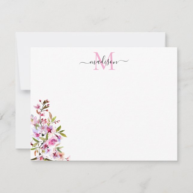 Blush Pink Spring Floral Cherry Blossoms Monogram Card (Front)