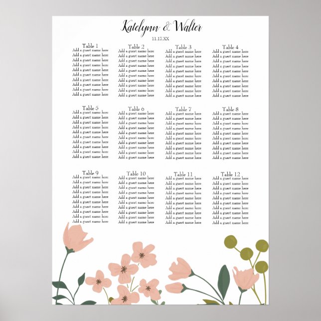 Blush Pink Spring Floral Wedding Seating Chart (Front)