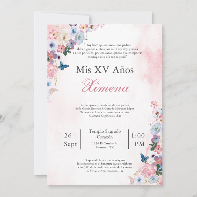 Blush Pink Spring Flower Quinceañera invitation  (Front)