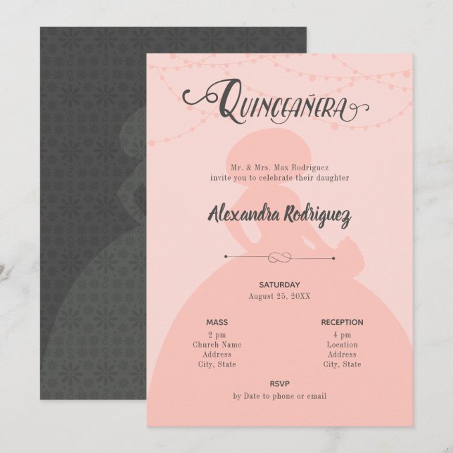 Blush Pink & Steel Charro Silhouette Quinceanera Invitation (Front/Back)