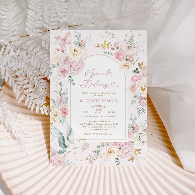 Blush Pink Stork Wildflower Girl Baby Shower Invitation (Creator Uploaded)