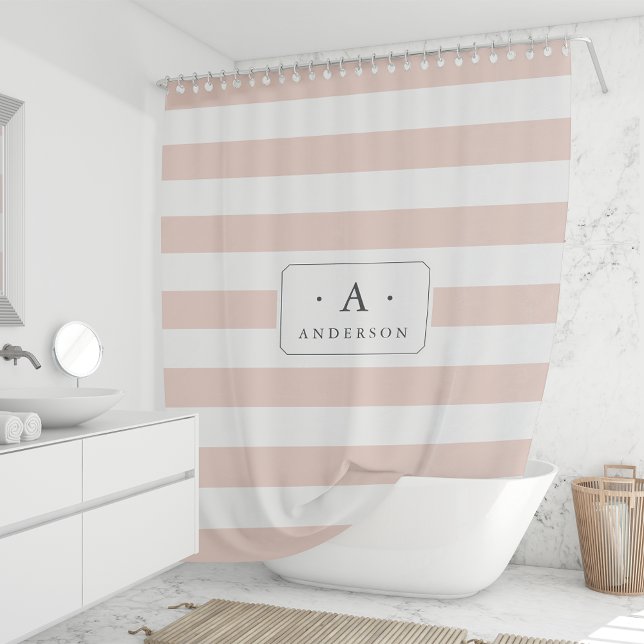 Blush Pink Stripe Family Name & Monogram Shower Curtain (Creator Uploaded)