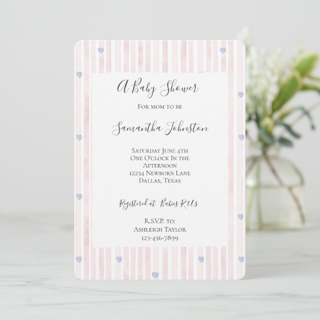 Blush Pink Stripes Blue Hearts Baby Shower Invitation (Standing Front)