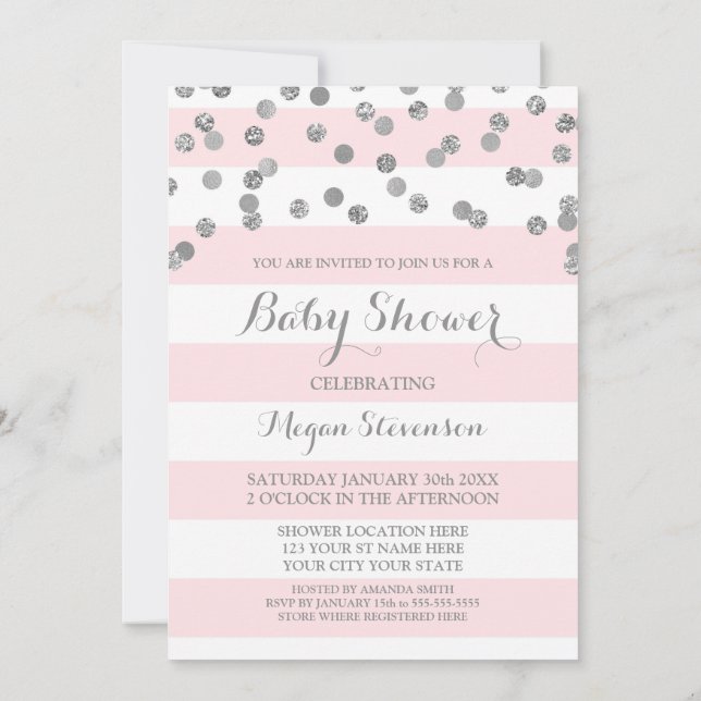 Blush Pink Stripes Confetti Baby Shower Invitation (Back)