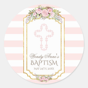 Blush Pink Stripes Floral Gold Baptism Monogram Classic Round Sticker