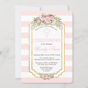 Blush Pink Stripes Floral Gold Christening Invite