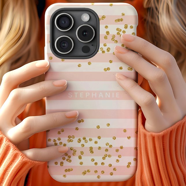 Blush Pink Stripes Gold Glitter Confetti Monogram Case-Mate iPhone Case (Creator Uploaded)