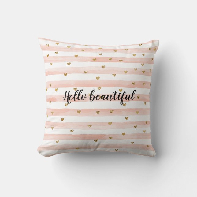 Blush Pink Stripes Gold Hearts Cushion (Front)